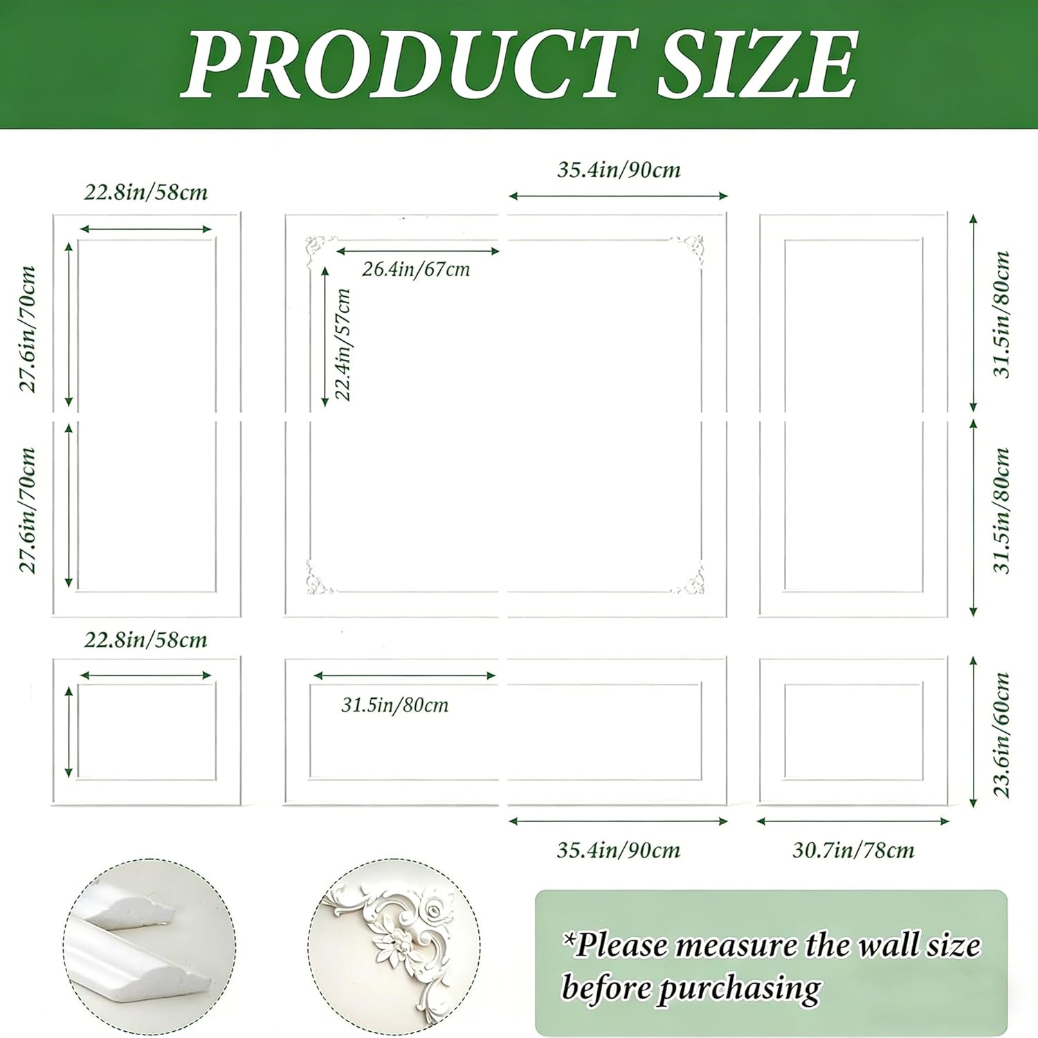 3 Set Peel and Stick Wall Molding Kit(12 Frames+4 Corner Flowers), Inner and Outer Layer Style Premade Wainscoting Panel, for Wall Decor, Pre-Cut Wainscoting Panels Wall Moulding Trim Kit