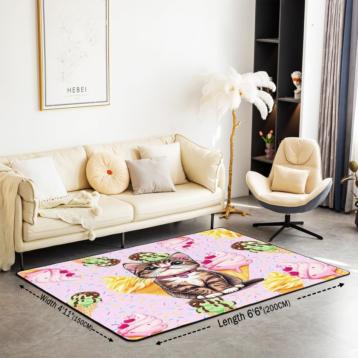 Homewish akwarela pączki dywaniki 150 x 200 cm - graffiti kreskówka kot salon dywan kremowy ciasto dekoracja nie gubi włosia dywan pączek i lody drukowane duże dywany