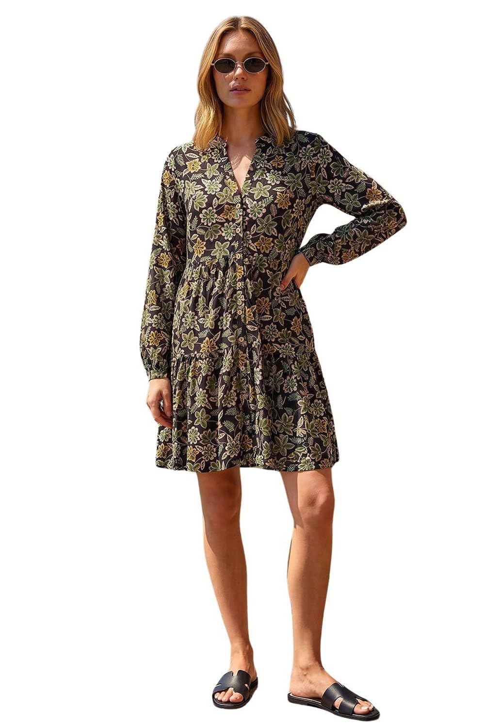 Roman Originals Women's Green Swing Dress Uk Skater Tea Midi A Line Fit & Flare Winter Autumn Casual Smart Cocktail Party Going Out Work Buttons - Size 12