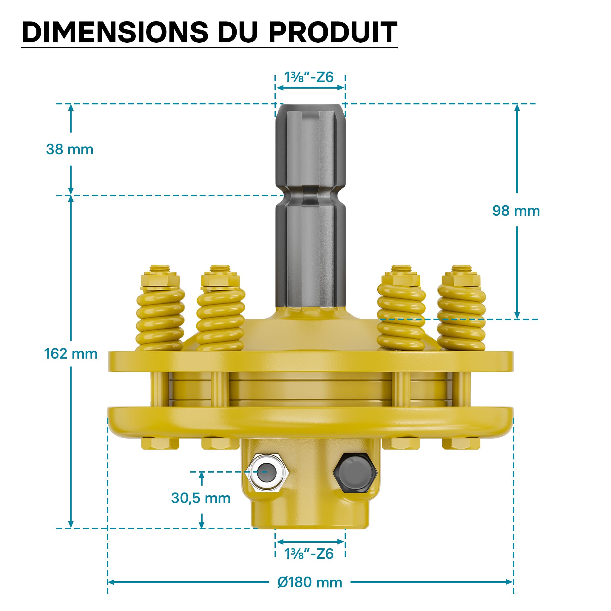 WilTec Embrayage de Cardan - 6 Dents / 1 3/8" (34,9 mm) / Filets Femelle et Mâle / 1200 Nm Max. - Raccord pour Arbre de Transmission - Couleur Jaune