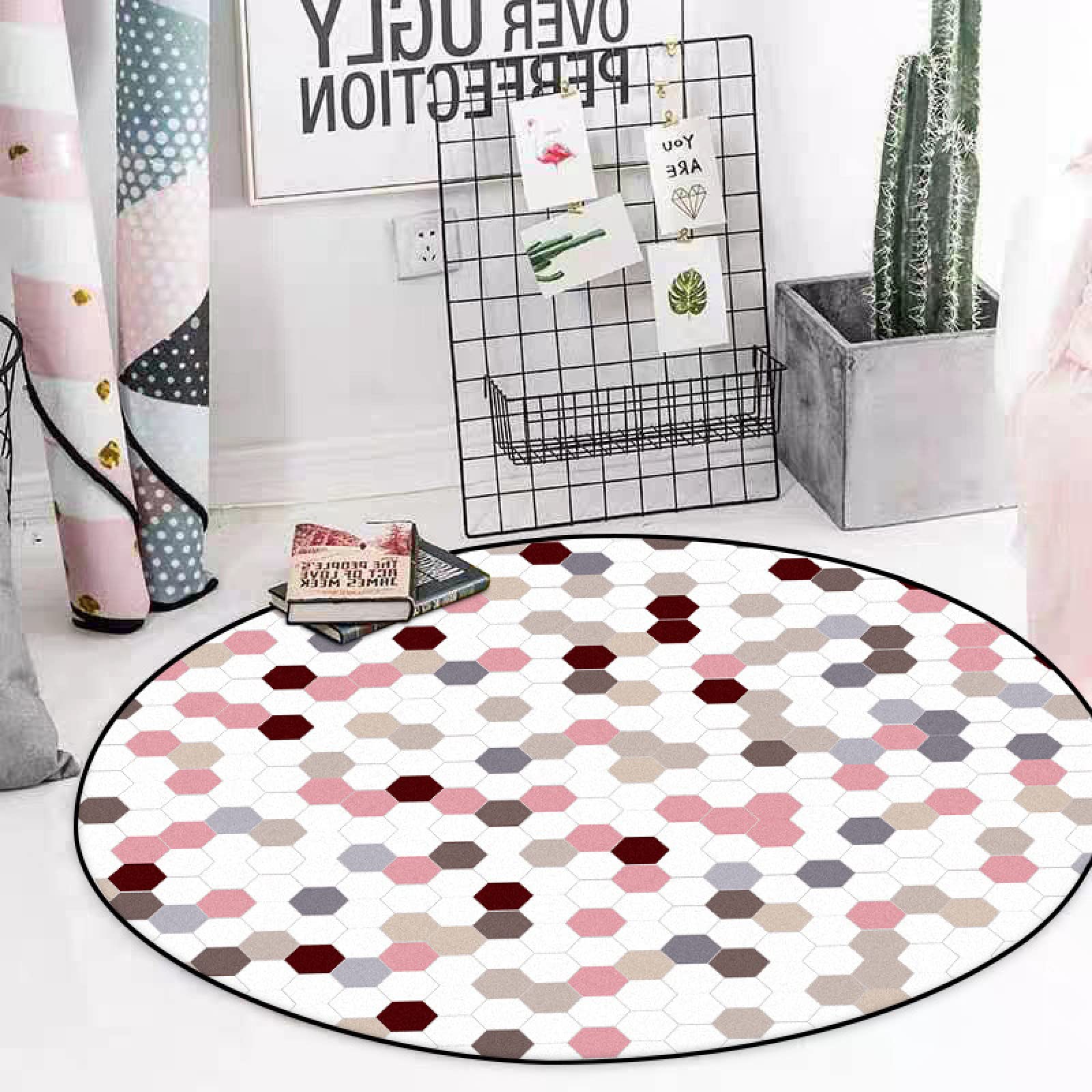 Eco Friendly Duży Okrągły Dywan Różowy szwy w kratę Antypoślizgowe Okrągłe Dywany do Sypialni Salon Przedszkole Decor ø 80 cm