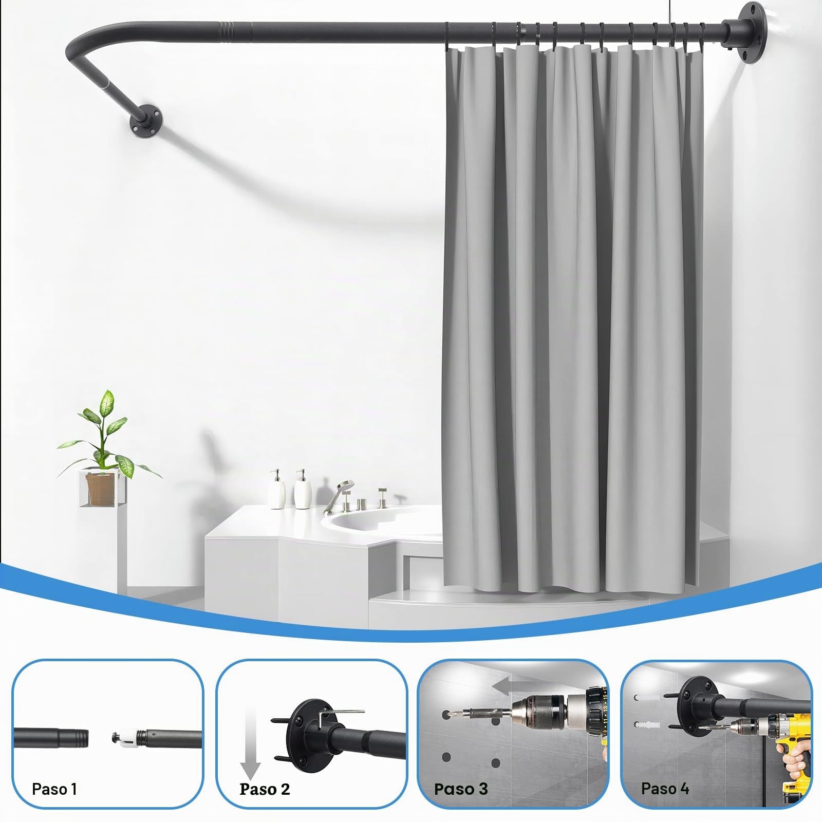 Barra de cortina de ducha en forma de L, barra de ducha de esquina ajustable (76-101 cm x 76-101 cm), Negro Mate Barra de Cortina Curvada Ajustable de 90 Grados Para Baño,Acero Inoxidable