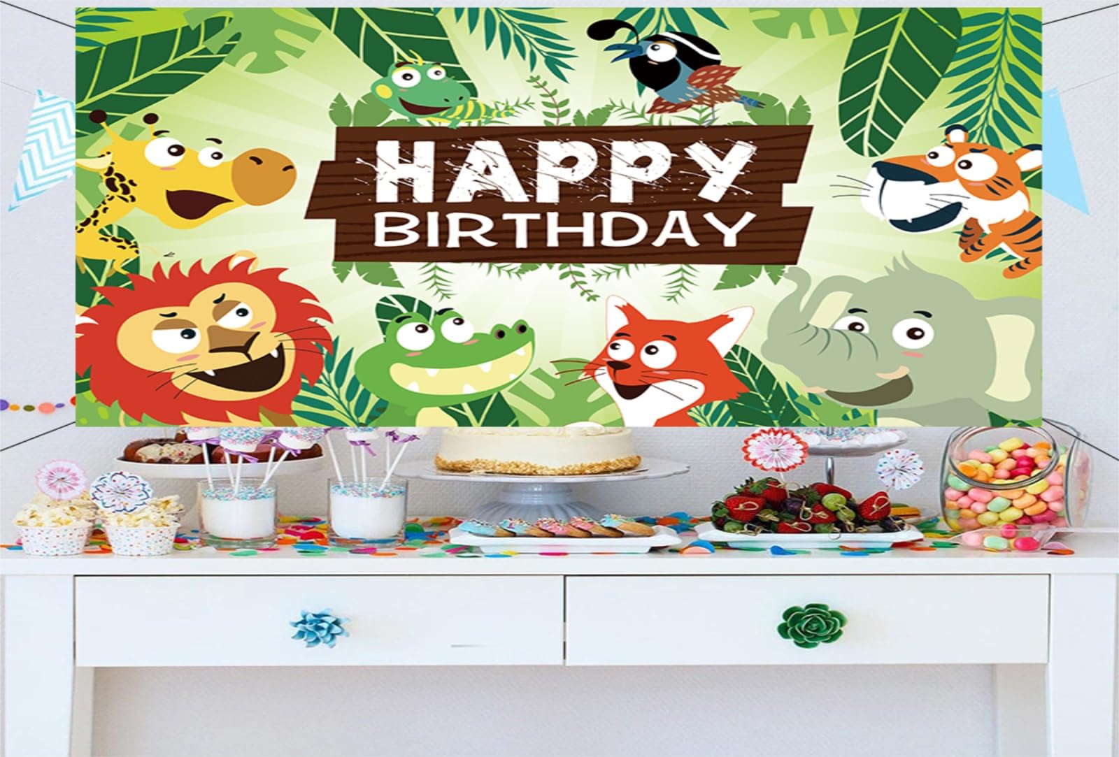Dschungeltiere Foto-Hintergrund – 2,1x1,5 M, Vinyl, Für Babyparty & Geschlechtsneutrale Feiern