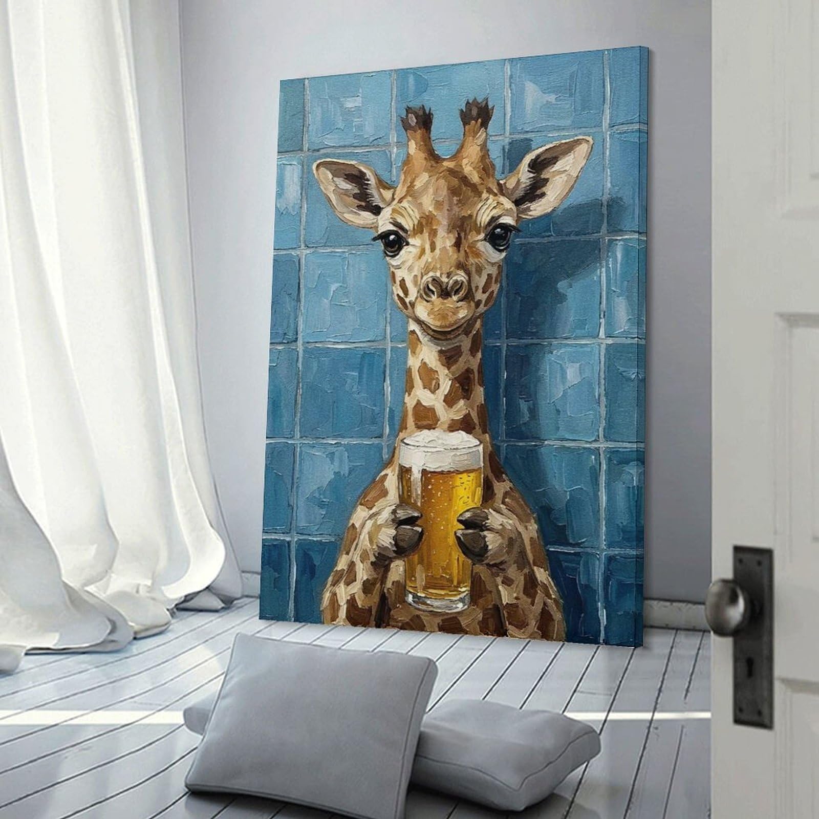 Junmoney Giraffe with Beer Painting Home Decor Wall Art 08x12inch(20x30cm), for Hallway, Bedroom Or Modern Interiors, Canvas Artwork with Gifting Potential