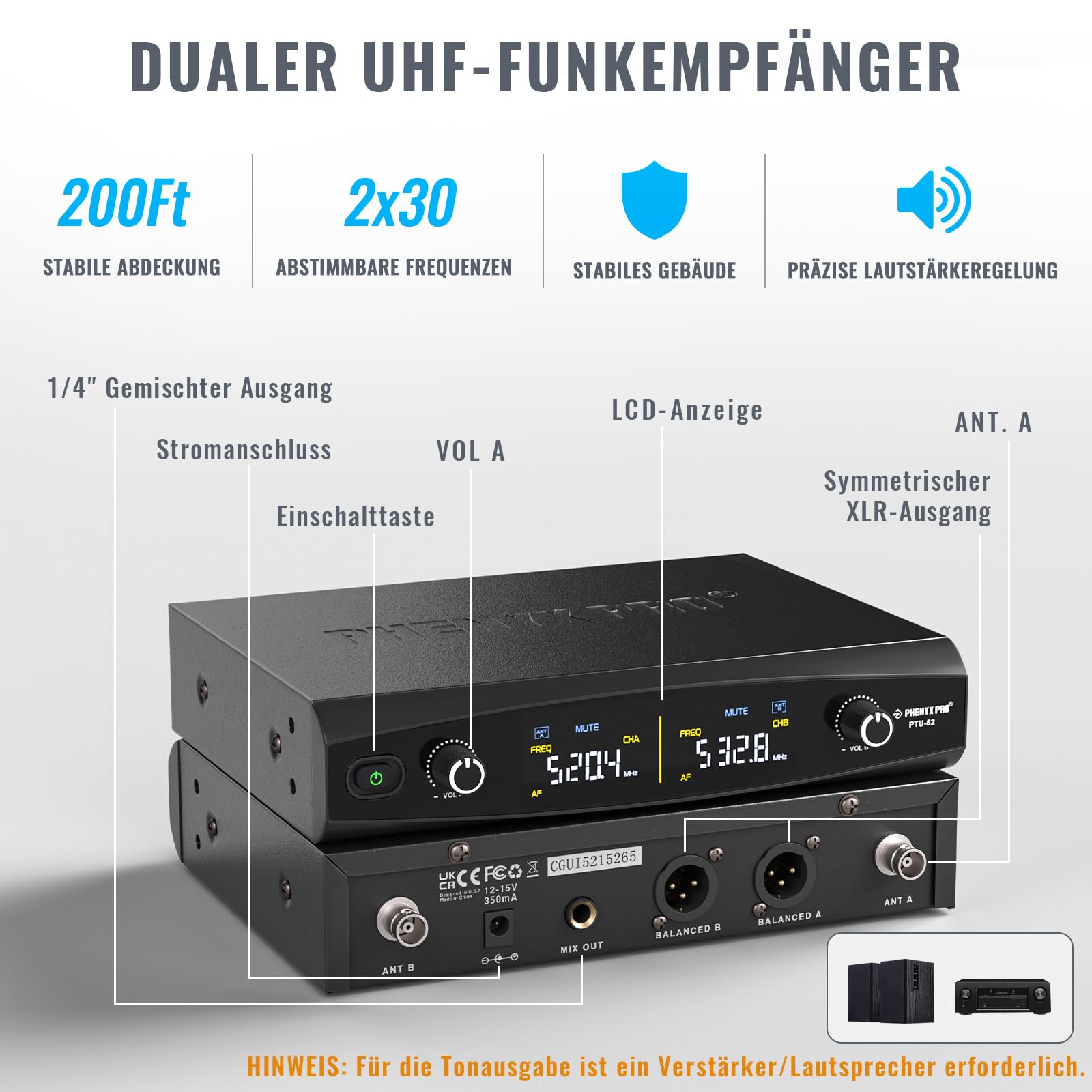 Phenyx Pro Drahtloses Mikrofonsystem, kabelloses Handmikrofon-Set, 2x30 UHF Frequenzen, 200ft Reichweite (PTU-52)