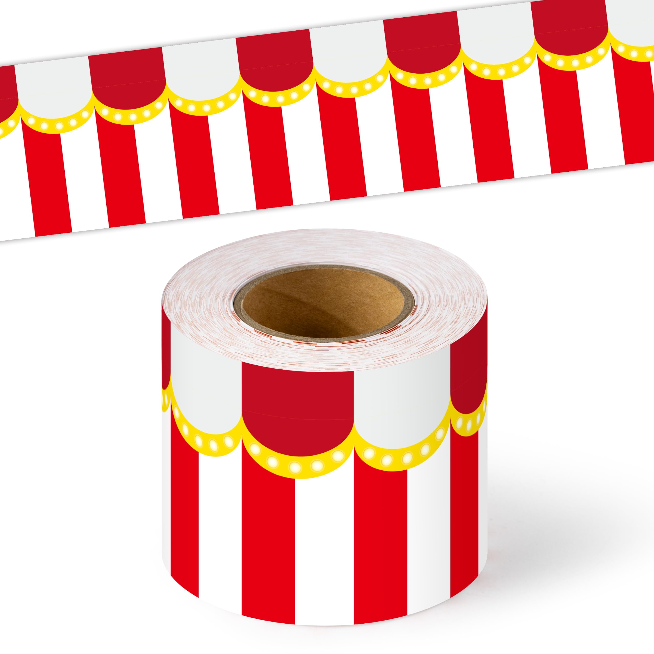 BeYumi Circus Tent Border Trim - 65ft Back to School Border Roll Classroom | Red and White Circus Tent Bulletin Board Border Set School Classroom Library Office Chalkboard Home Wall Carnival Party Decor