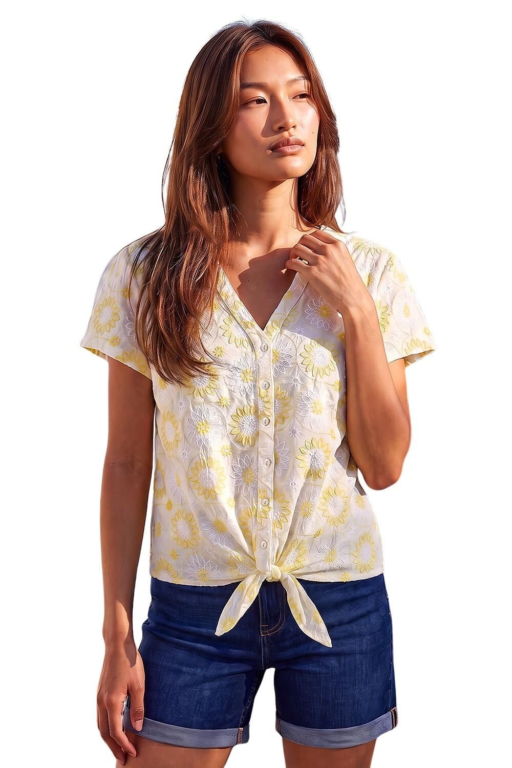Roman Originals Women's Yellow Roman Broderie Anglaise Tie Front Top Floral Crochet Embroidered Blouse Smart Casual Button Down Summer T-Shirt Tee Spring Cruise Beach Holiday Party