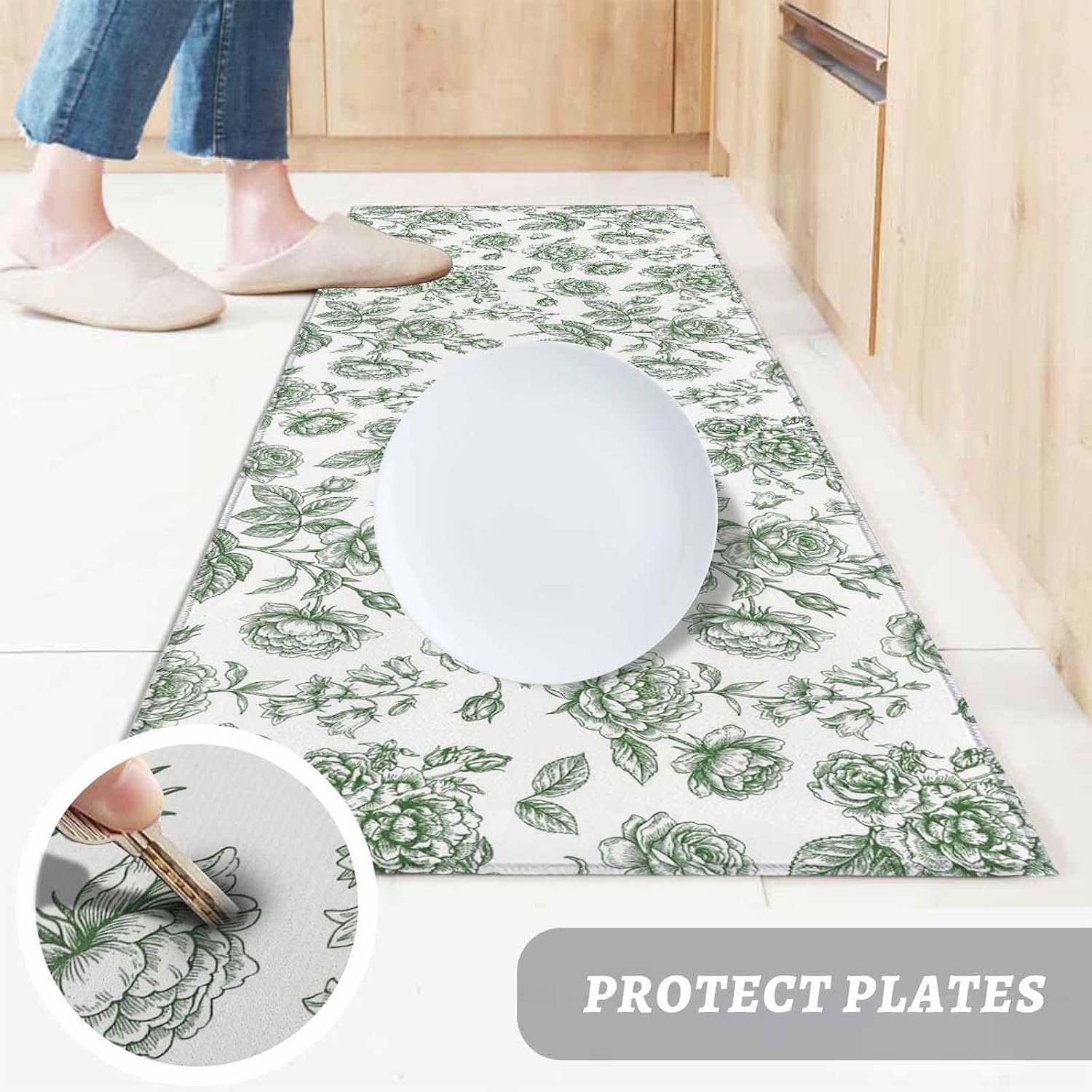 Teamery Kitchen Mats for Floor Watercolor Rustic Rose Flower Washable Non Slip Kitchen Rugs 1PCS, Country Floral Leaf Seamless Absorbent Standing Mats for Sink Bathroom Office Living Room 15.7x47.2in