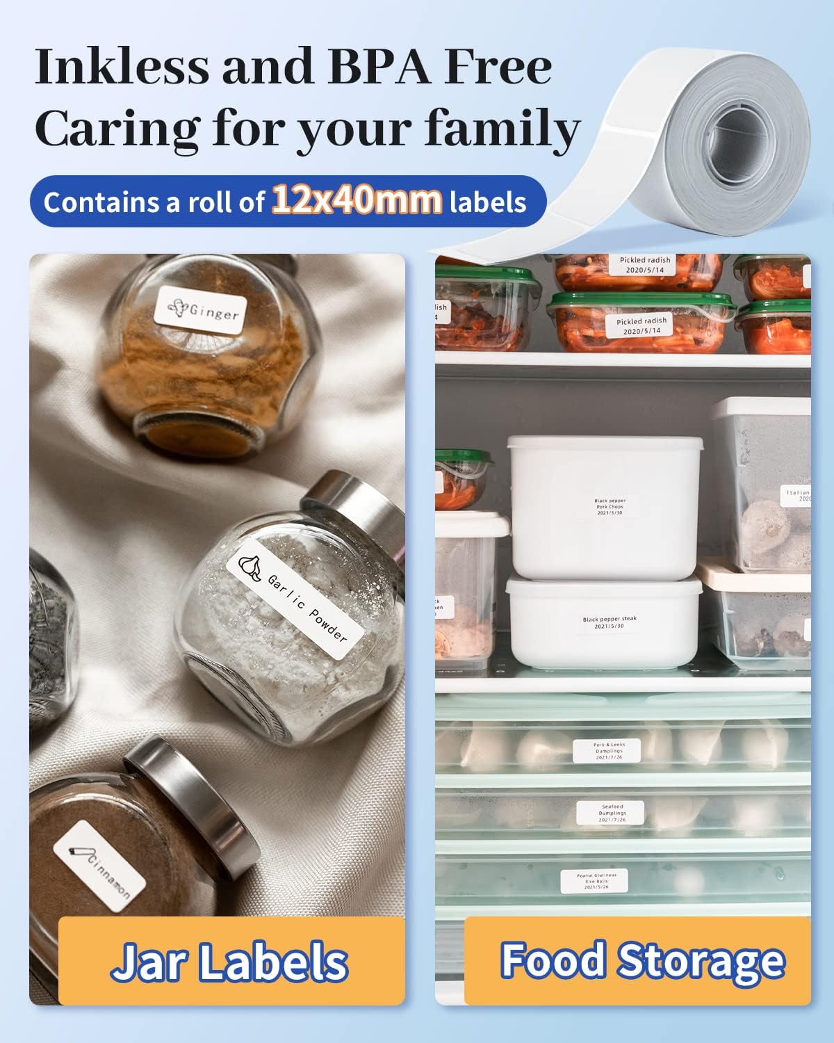 Phomemo Q30S label maker printing a label for a jar of almond nuts with a date.