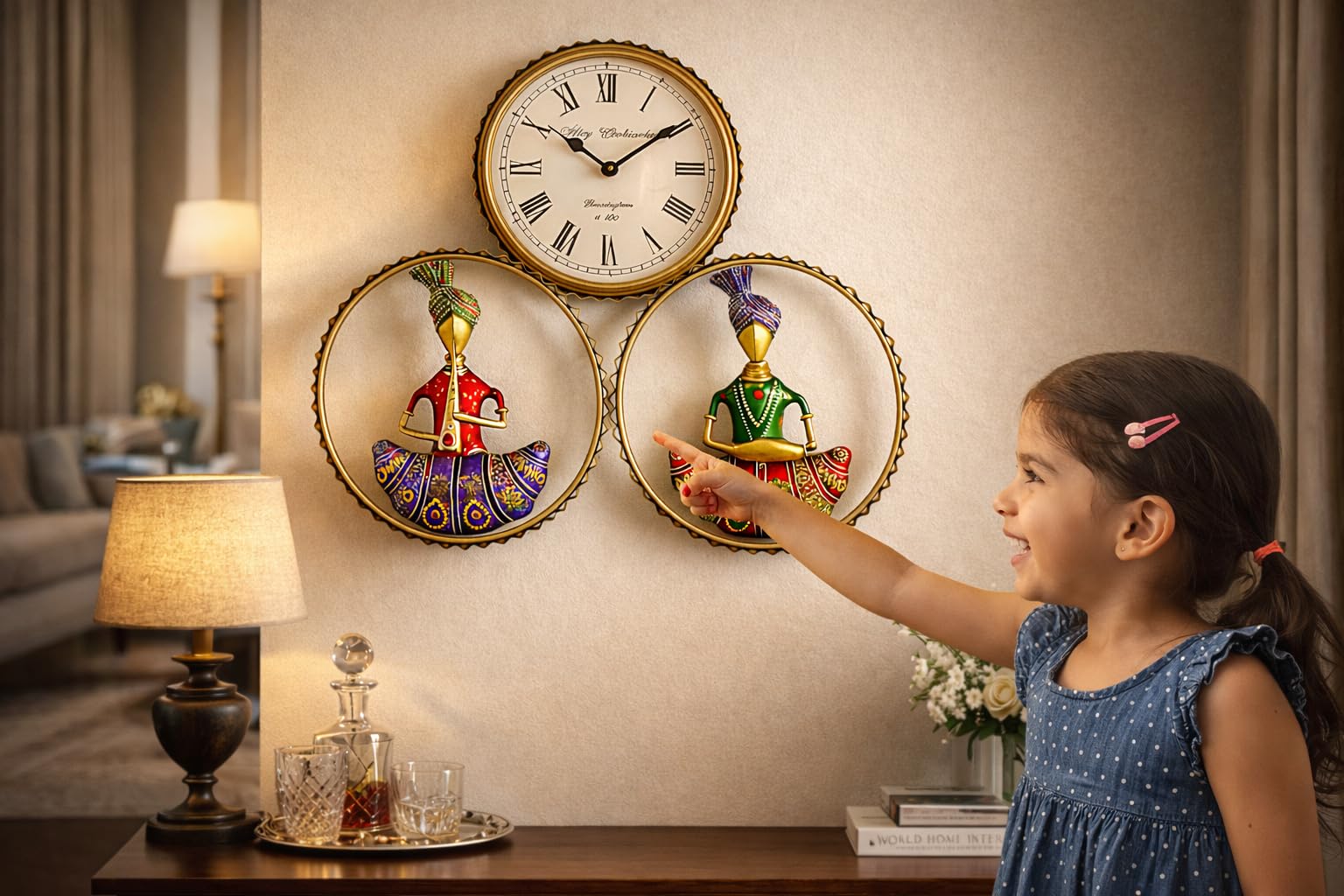 ROYAL CRAFTS Rajasthani Musician Couple Metal Wall Clock with Decorative Panels | Gold Finish Iron Wall Art Clock | Traditional Indian Handmade Home Decor | 45 x 5 x 45 cm | 1 Year Warranty 1
