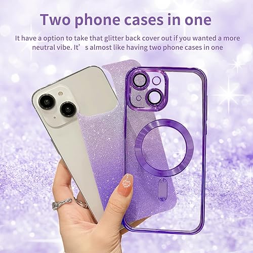 Miniatura 3 de TURYXIA Funda magnética con purpurina para iPhone 15 Pro Max compatible con MagSafe, con protector de lente de cámara y correa de cordón, bonita