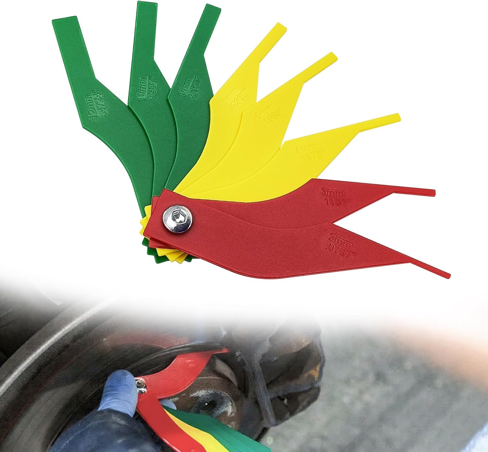 8PCS Color-Coded Brake Pad Thickness Gauge | Metric & SAE Scales | Durable Nylon/Steel Construction | Universal for Disc/Drum Brakes (Car/Truck/SUV) - Quick & Accurate Measuring Tool