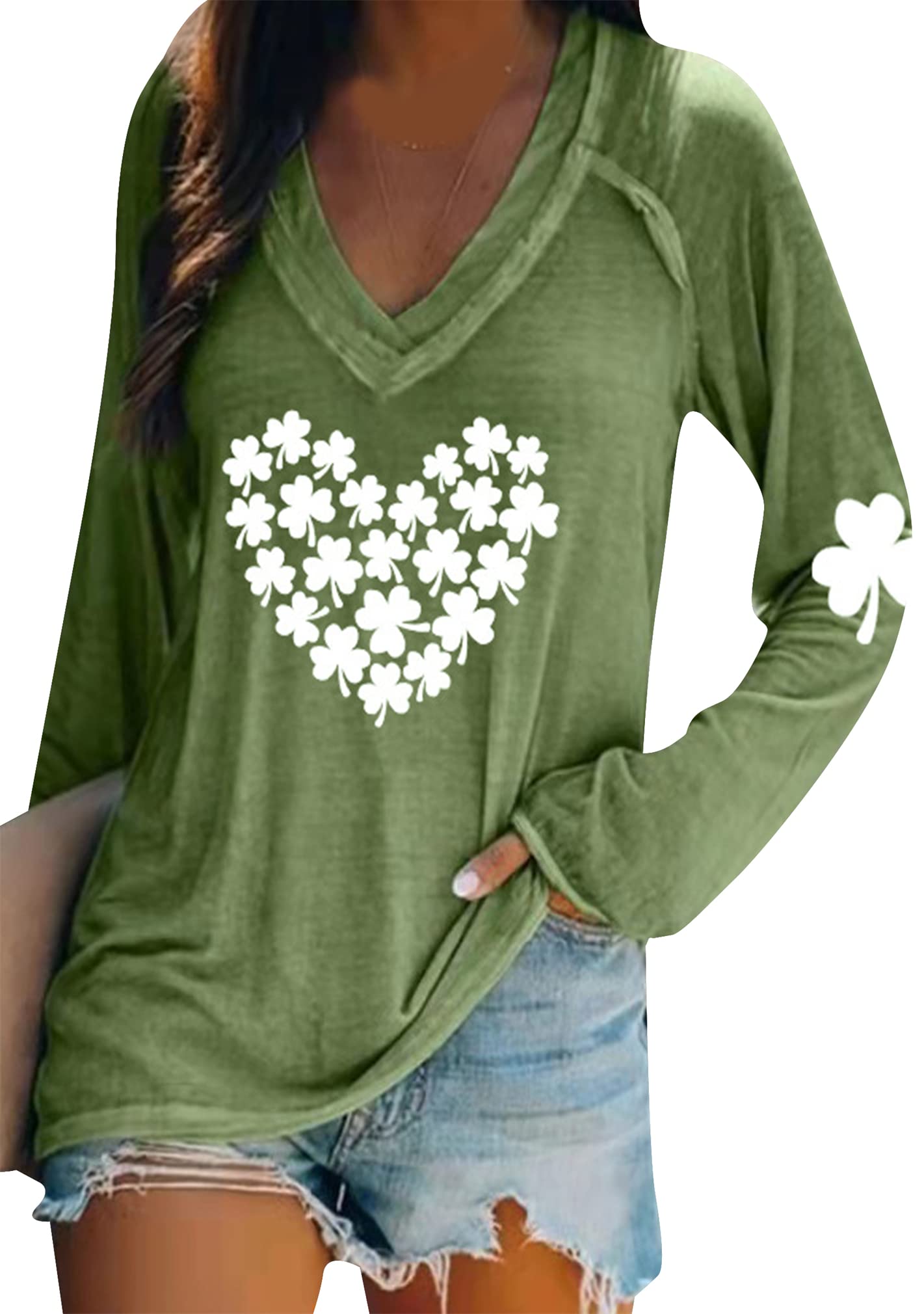 BOFETA Women St Patricks Day Sweatshirts Loose Long Sleeve Shirts Green Shamrock Print Blouse Flowy Color Block Pullover Tops