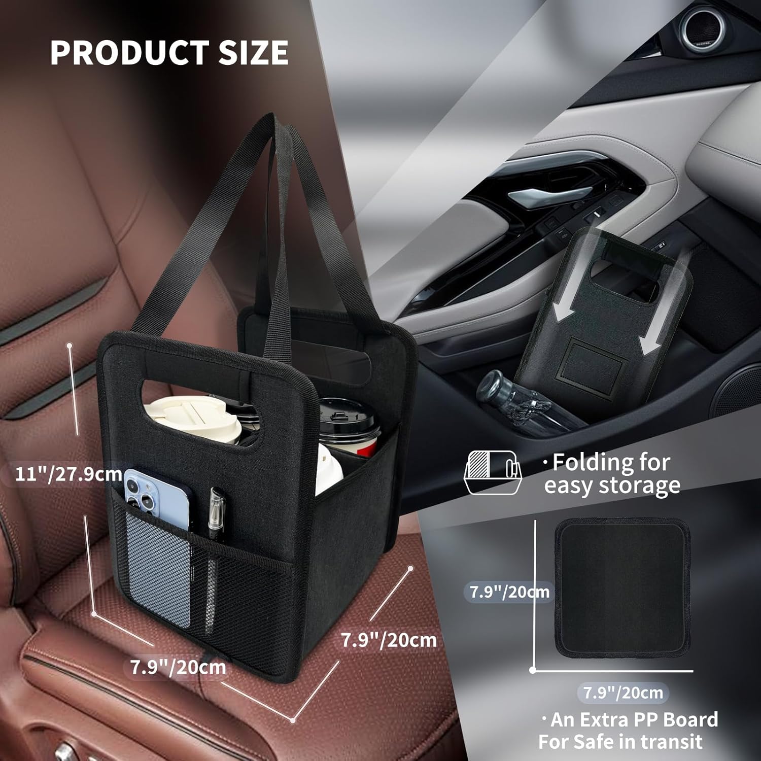 Reusable 4 Cup Drink Carrier with Handle and Adjustable Dividers, Insulated Caddy for Take Out, Foldable Coffee Cup Holder for Hot & Cold Drinks (Black) - Image 2