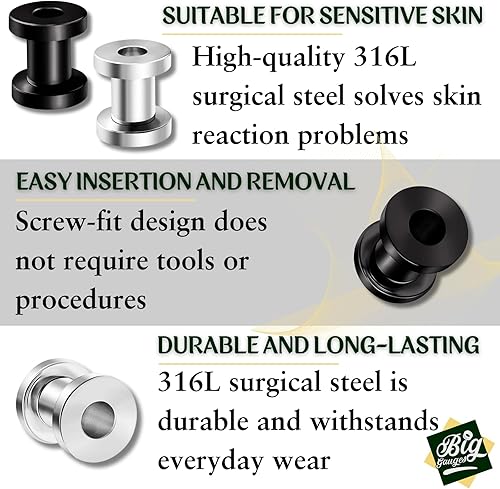 Miniatura 3 de BIG GAUGES 2 pares de túneles de tornillo de acero quirúrgico 316L negro anodizado joyería oreja estiramiento lóbulo tapón pendiente