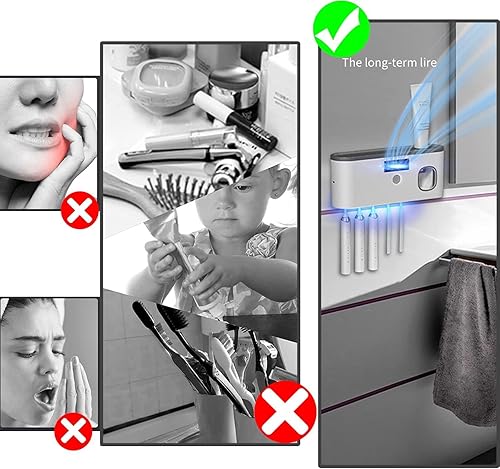 Vista 10 de Soporte para cepillos de dientes montado en la pared con dispensador de pasta de dientes, soporte eléctrico para cepillo de dientes para baño, carga