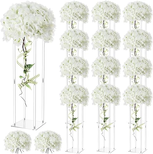 Miniatura 9 de Geetery Soporte de acrílico alto para bodas, centros de mesa, jarrón transparente y elegante, con flores de hortensias artificiales para bodas,