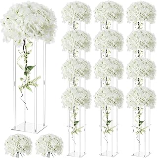 Geetery 12 Pcs Tall Acrylic Vase Wedding Centerpieces Clear Elegant Centerpiece Stand with Artificial Hydrangea Flowers for Wedding Party Table Home Decorations (20 Inch)