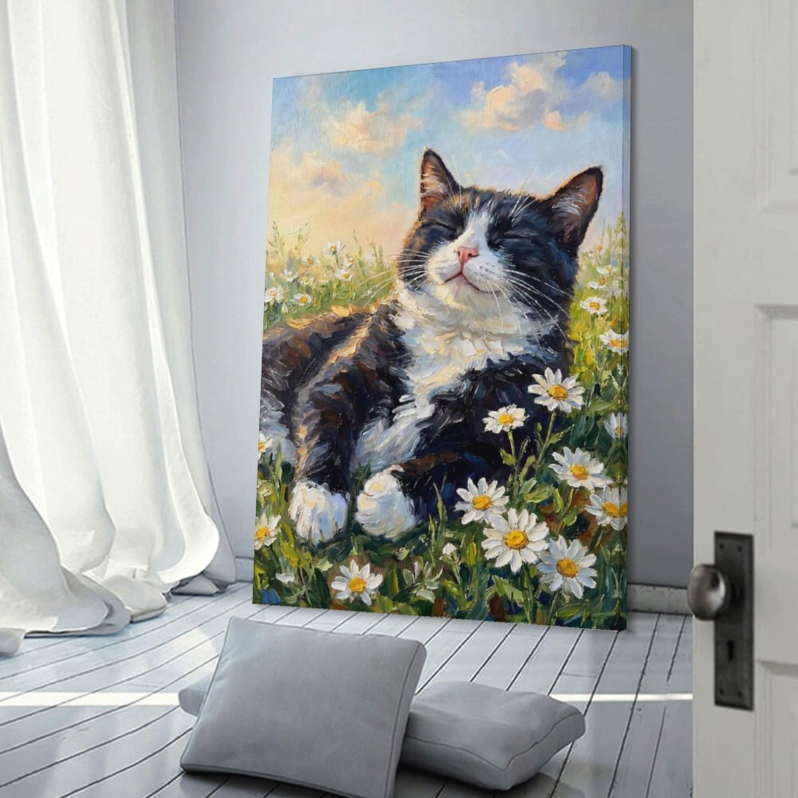 Junmoney Wall Picture Print Tuxedo Cat in A Field of Daisies, 24x36inch(60x90cm), for Hallway, Bedroom Or Modern Interiors, Thoughtful Wall Decor for Art Lovers