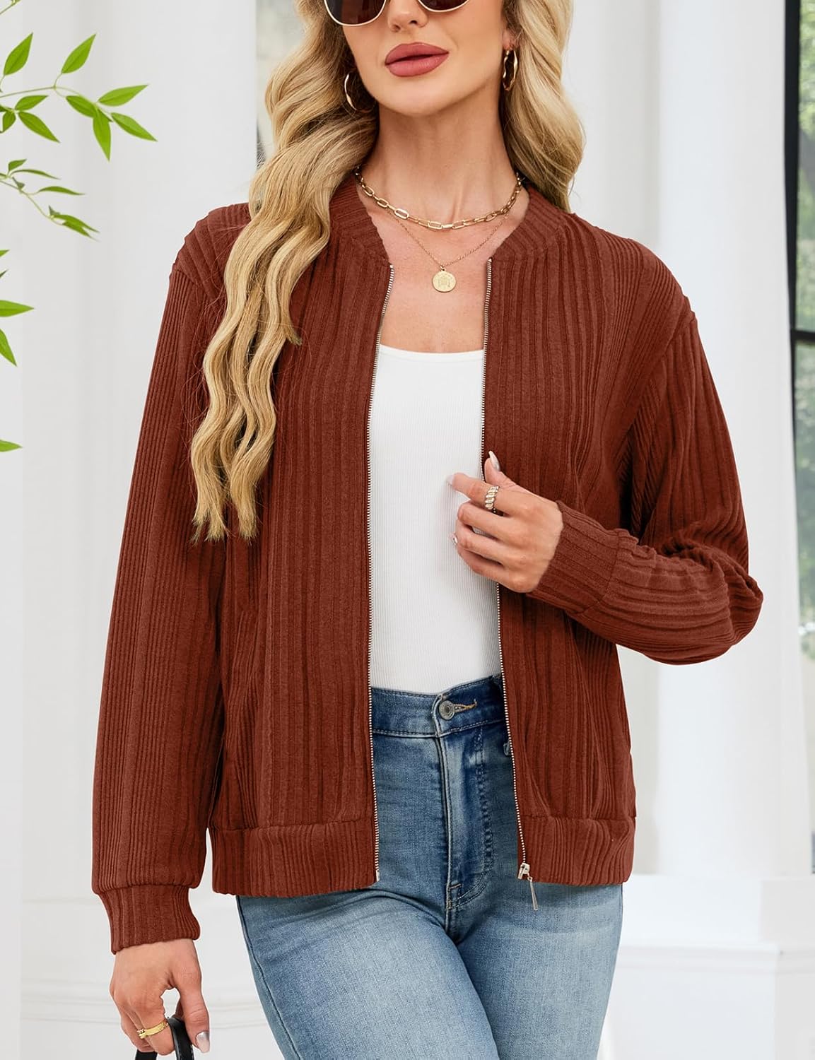 Viracy Women's Full Zip Up Cardigan Sweater Lightweight Casual Long Sleeve Jackets with Pockets - Image 3