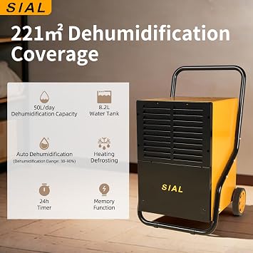 SIAL Industrial Dehumidifier 50L/Day for Whole House & Commercial,Large Dehumidifiers for Flood Recovery, Water Damage Restoration & Construction Drying, 8.2L Tank,221㎡,Home,Basement,Garage,Workshop