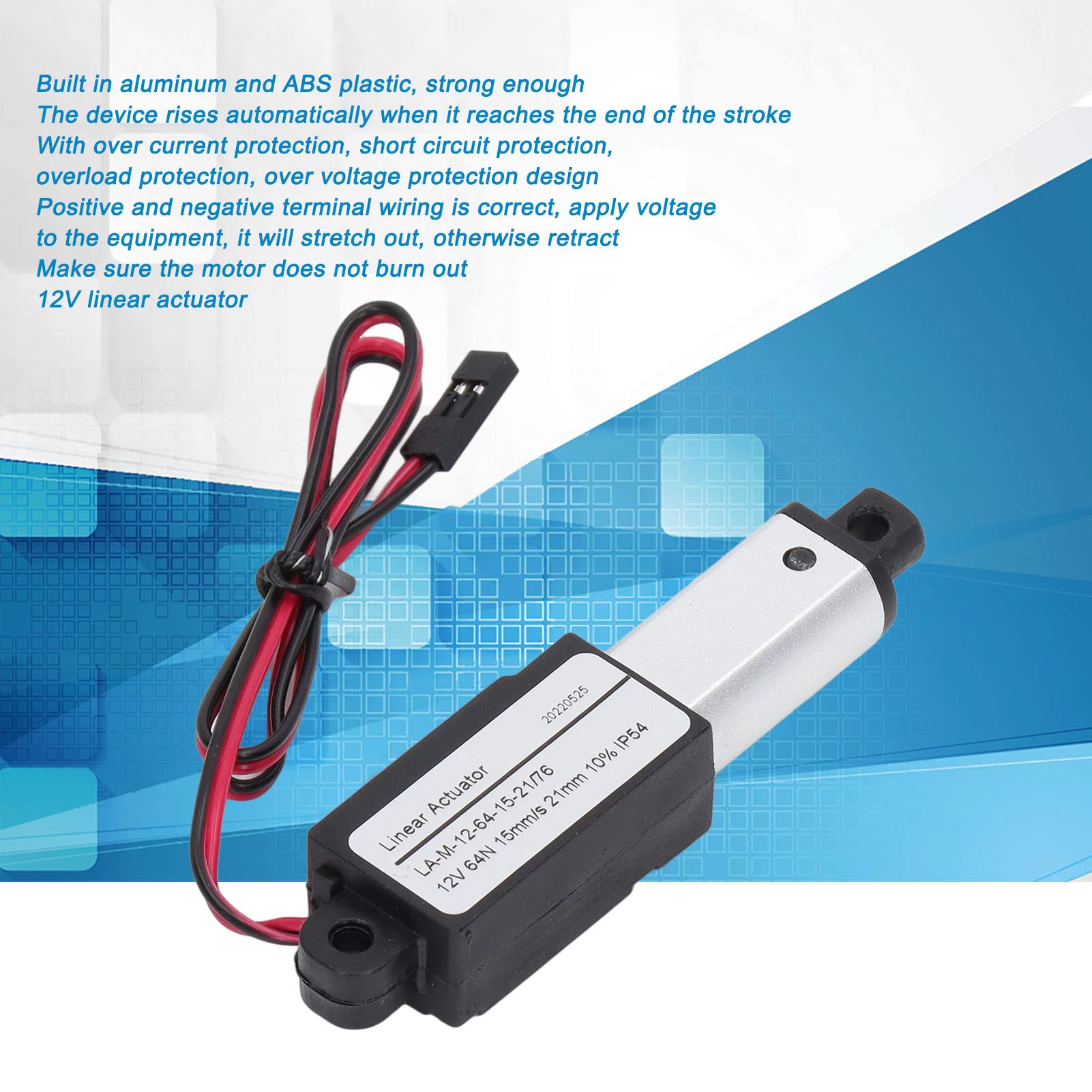 64N 15mm s Mini Motion Actuator Aluminum ABS Miniature Motor 12V Overcurrent Short Circuit Overload Overvoltage Excellent Movers for Applications Such As Agricultural Machinery (21mm)