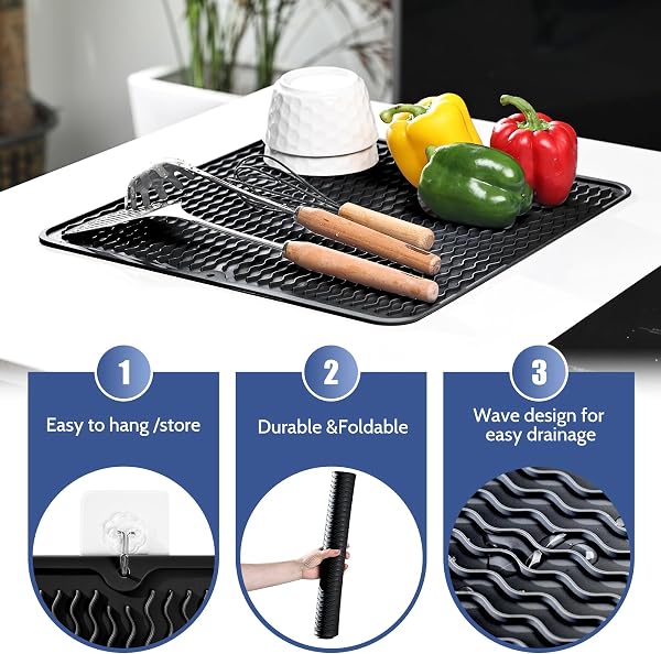 KitchenRaku Tappetino scolapiatti 30 x 40 cm, resistente al calore, per cucina, sottobicchieri in silicone antiscivolo, presine, tovaglietta, ripiano per cucchiai - 4