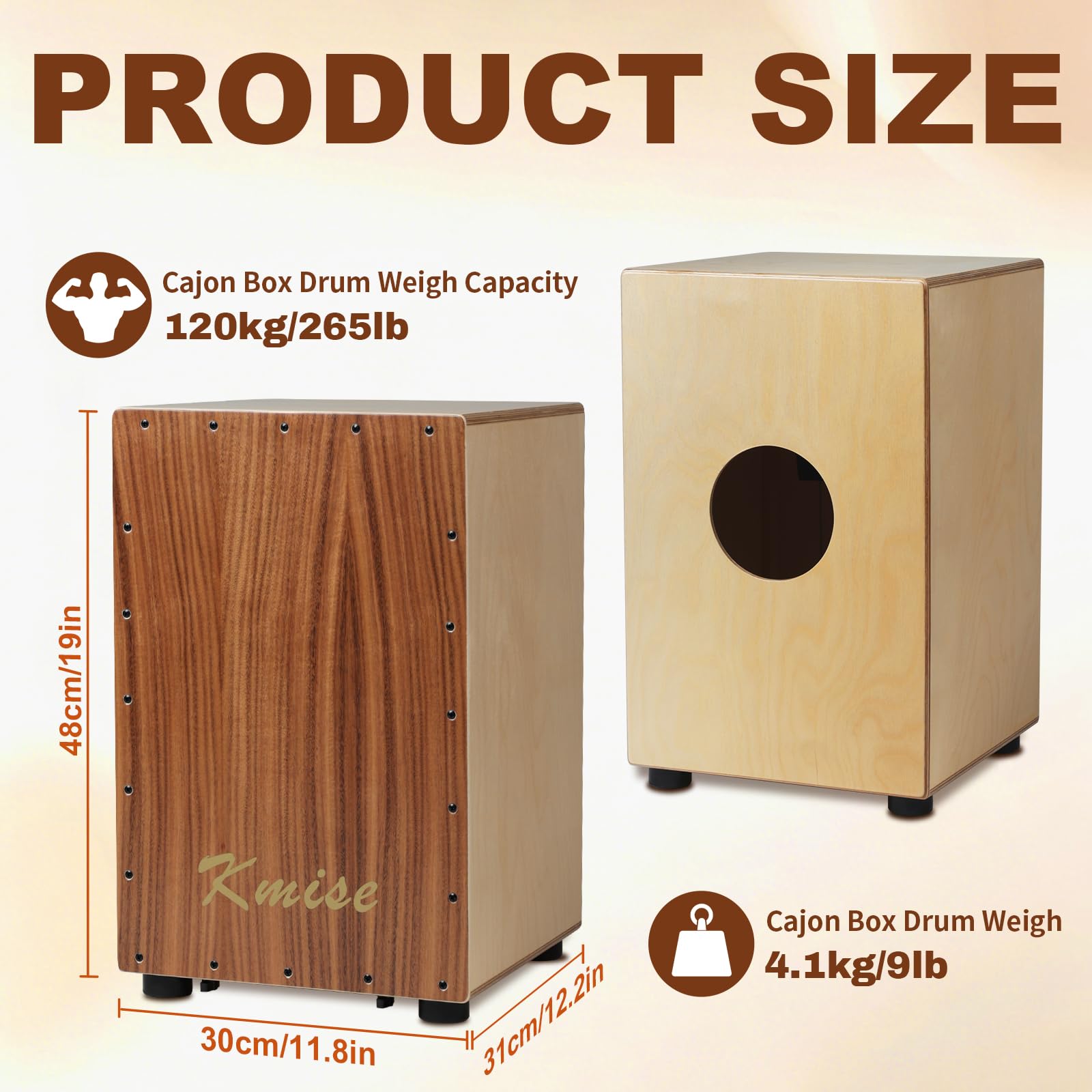 Kmise Tragbare Cajon-Schlagzeugbox, 30 x 30 x 48 cm, verstellbare Snare-Cajon-Trommeln, massives Akazien- und Birkenholz, Percussion-Instrument Geschenk für Erwachsene und Kinder, mit Tragetasche, für