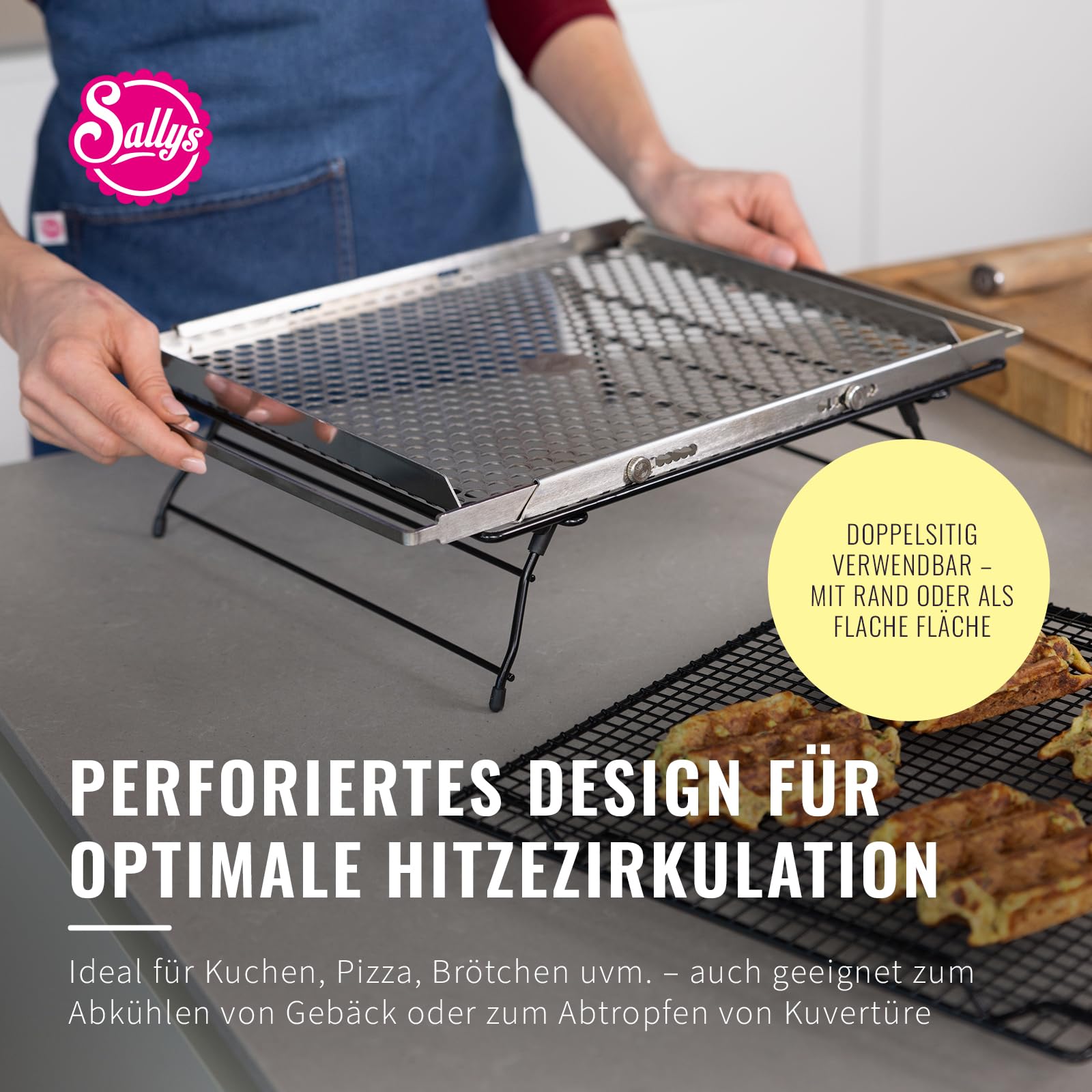 Sallys Premium Backblech V3 - Ausziehbares Edelstahl Backblech 39–46 cm - Perforiertes Lochblech für gleichmäßiges Backen - Beidseitig nutzbar - bis 230°C