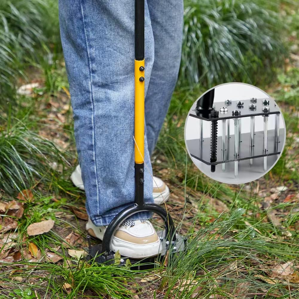 Rasenlüfter Aerifizierer für Rasen– Manuelles Rasen Belüften Gerät mit Doppelplatte, 16 Spikes& 4 Federn, T-Griff Rasenspecht für Verdichtete Böden, Garten & Rasenpflege