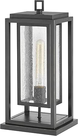 Hinkley Republic Single Light Medium Outdoor Pier Mount Lantern, Transitional/Modern, Double Frame Design, Coastal Elements, Oil Rubbed Bronze Finish