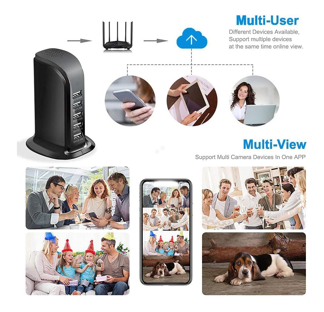 4K Caricatore USB WiFi HD 1080P Nascosta Migliorata Telecamera Spy a 5 Porte, Presa Senza Fili, Mini Telecamera di Sorveglianza Domestica con Motion Detection Telecomando