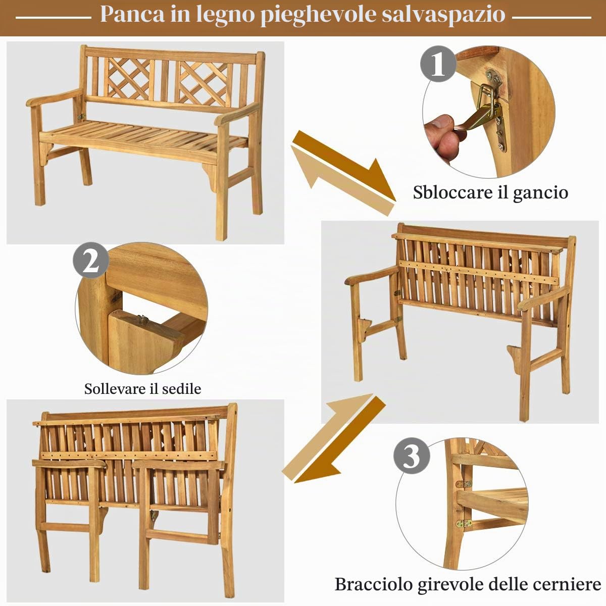 RELAX4LIFE Panchina Pieghevole da Giardino, Panchina a 2 Posti in Legno Massello, Panca Decorativa con Sedile Ampio e Schienale Comodo, Panca Elegante per Terrazzo e Cortile, 120,5x57 x x 90 cm