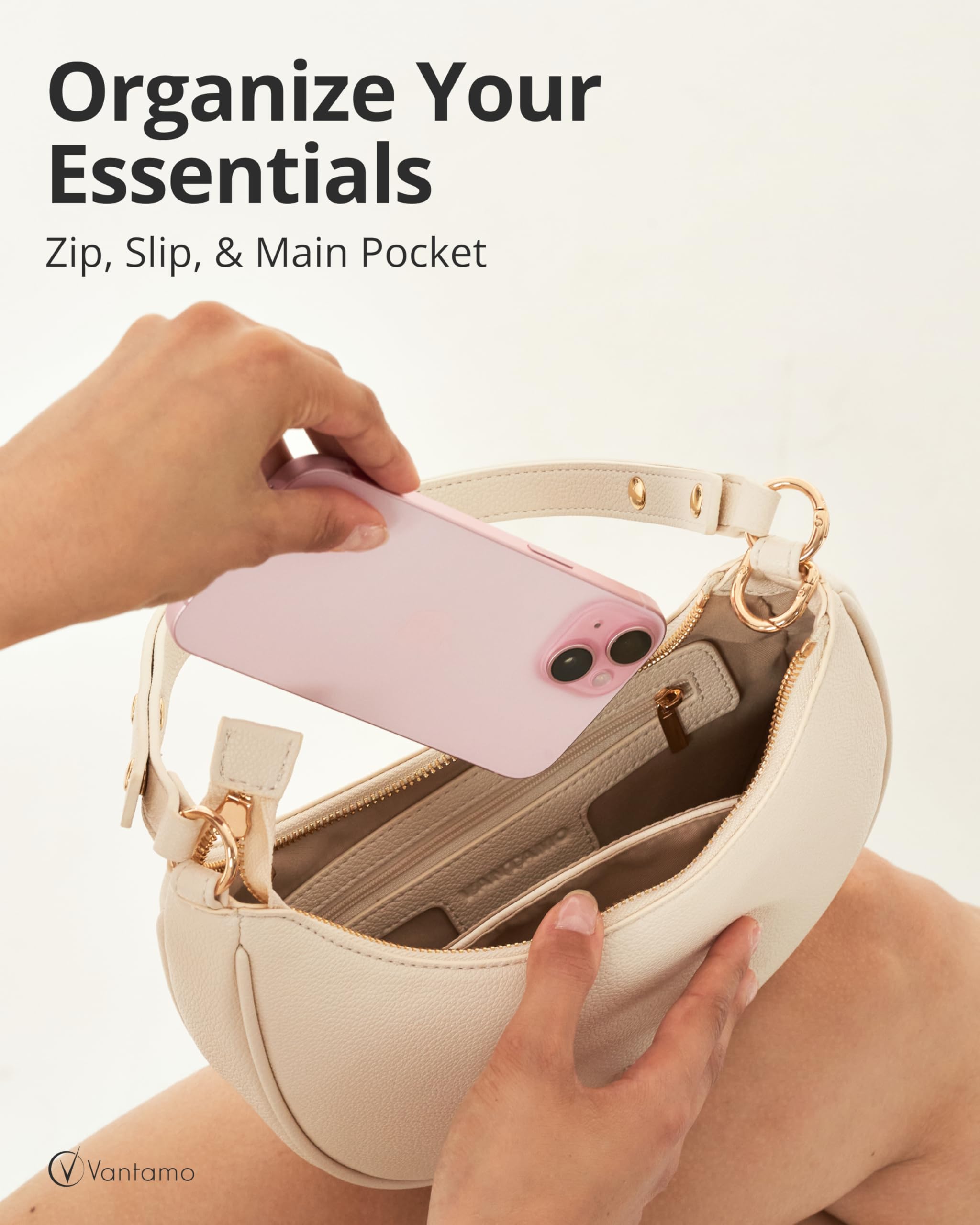 Vantamo Crescent Bags For Women with RFID Protection, Half Moon Clutch Purses for Women with Anti-Theft Clip for Extra Safety: Off-white