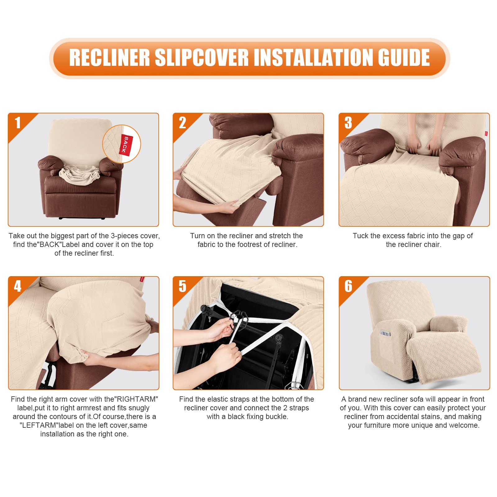 VANSOFY Recliner Chair Cover, 3-Pieces Stretch Recliner Covers for Recliner Chair Soft Reclining Chair Slipcover Furniture Protector for Dogs Cats(Cream)