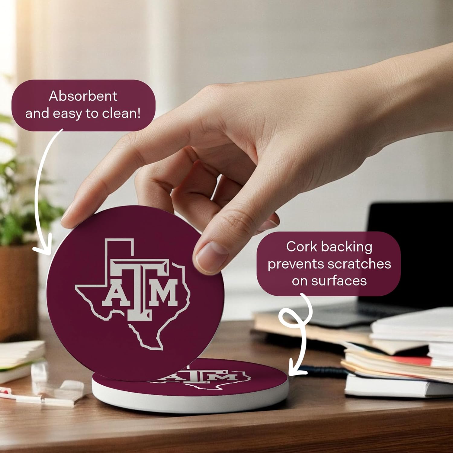 Desert Cactus Texas A&M University Circle Ceramic Coasters 4 Pack Aggies TAMU Absorbent Drink Coasters with Cork Backing (Design B) - Image 5