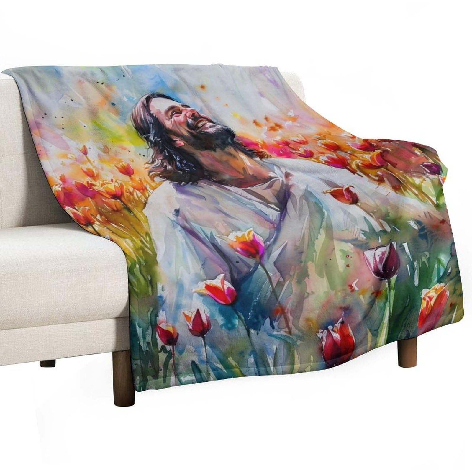 YHGSREUOH Jesus in Tulip Field 03 Flannel Blankets Fleece Soft Throw Lightweight Plush Gifts for Couch, Bed, Cozy Sofa Plush, Chair, Lovers 150x200cm(60x80in)