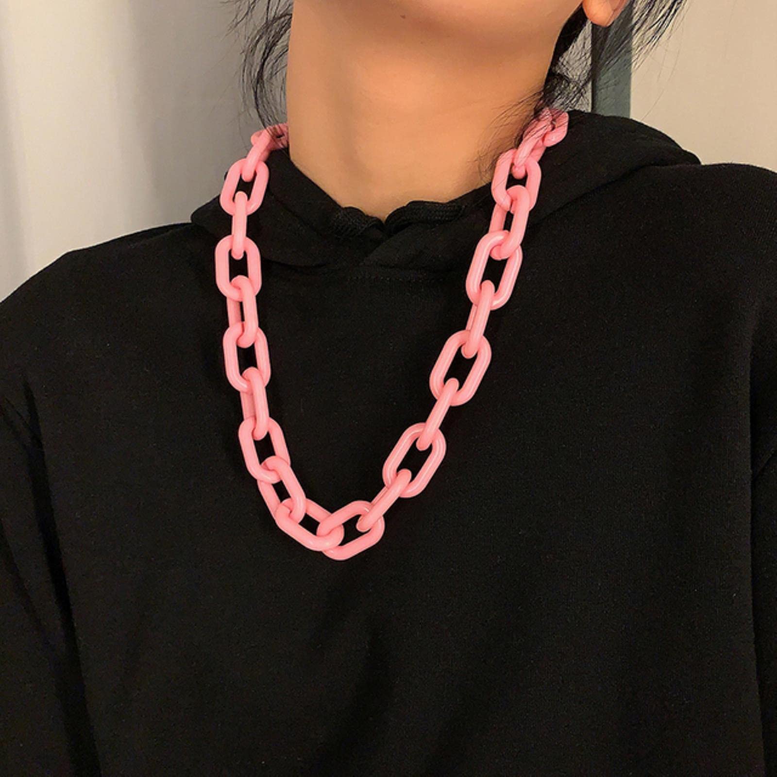 zxcs Punk Hip Hop Fashion Acrylic Link Chain Necklace Rock Gothic Chunky Plastic Choker Collar Necklace for Women Accessories-pink