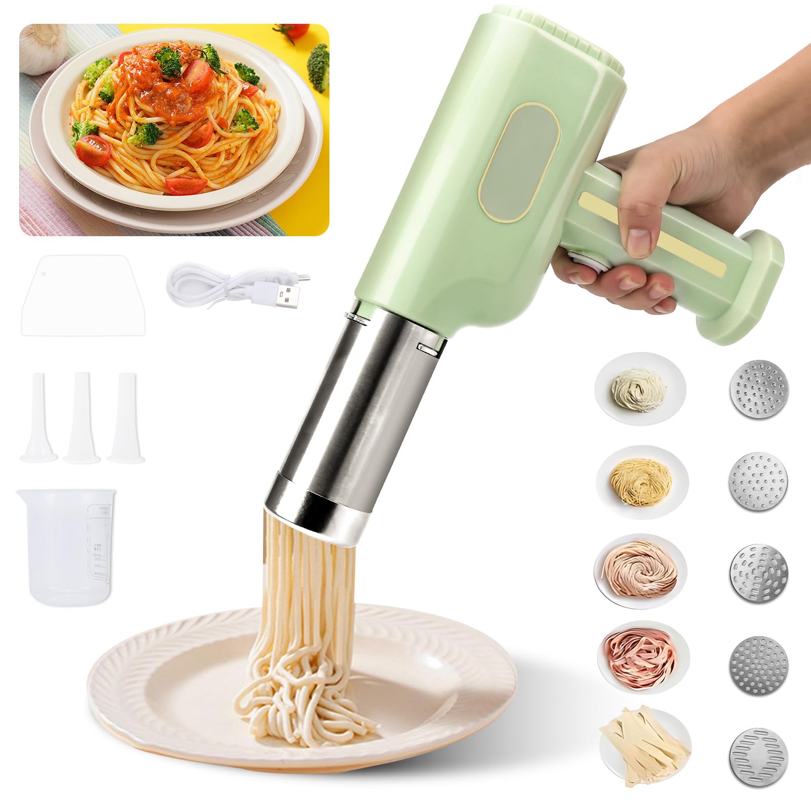 Elektrische Hand Nudelmaschine 2600mAh, Aufladbar Handheld Pasta Presse mit 5 Pressformen