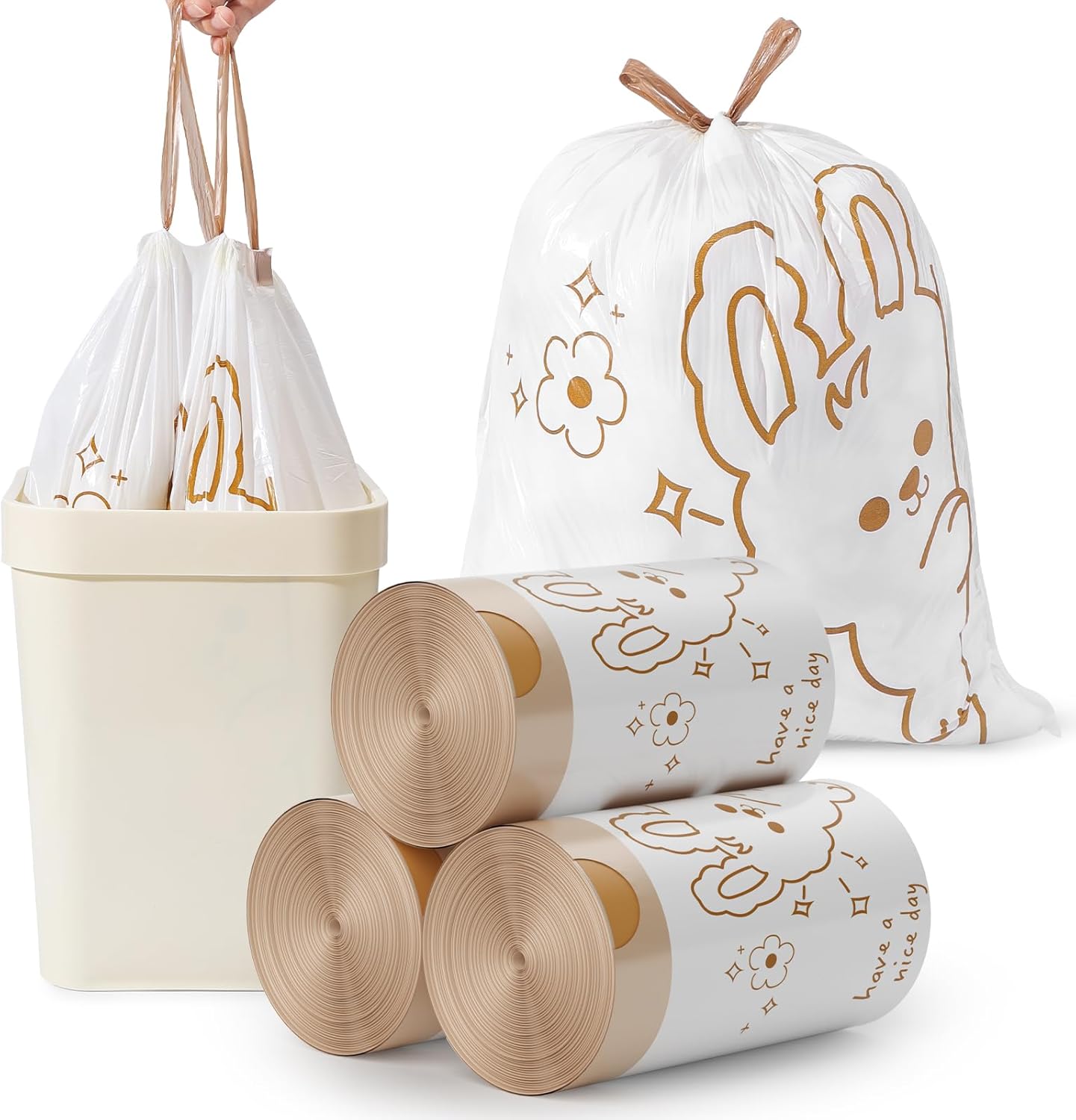4 Gallon Small Trash bags Drawstring, Small Bathroom Garbage Bags, 90 Counts Trash-Can-Liners for Bathroom Kitchen Office, White Rabbit Print Style 4 Gallon Small Trash Can Liners