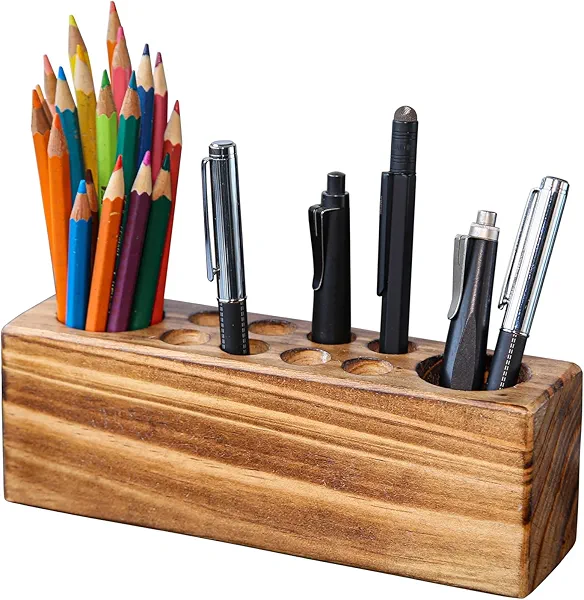 Hoffengwell Solid Pine Wood Pen Holder for Desk – Fountain Pen Holder – Stylish Wooden Pencil Holder and Pen Desk Organizer