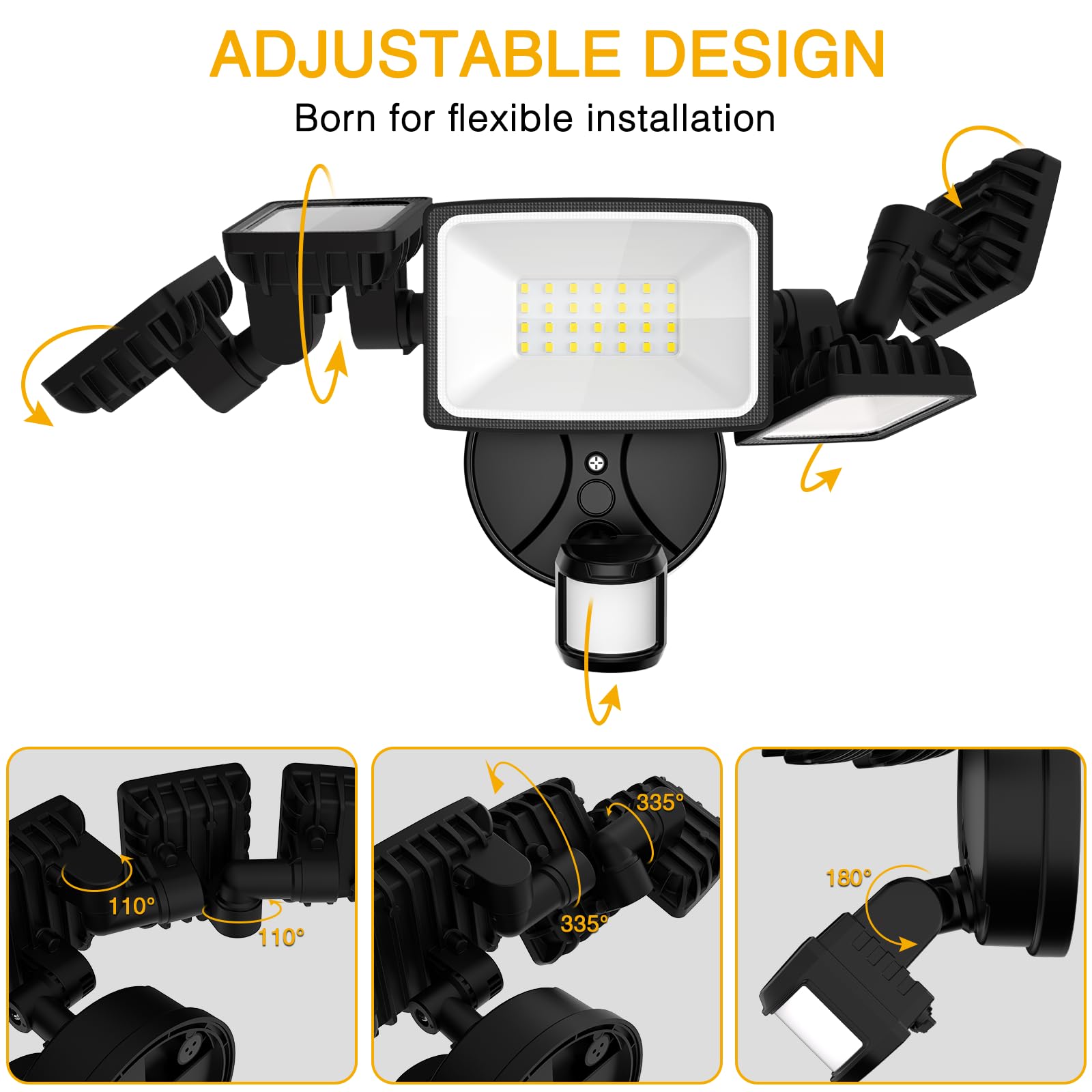 Onforu 5 Köpfe 55W LED Strahler mit Bewegungsmelder Außen, 340° Vollwinkel Aussenleuchte, 4500 LM LED Fluter, 6500 K LED Scheinwerfer, IP65 Waterproof Fluterlicht für Garage,Garten