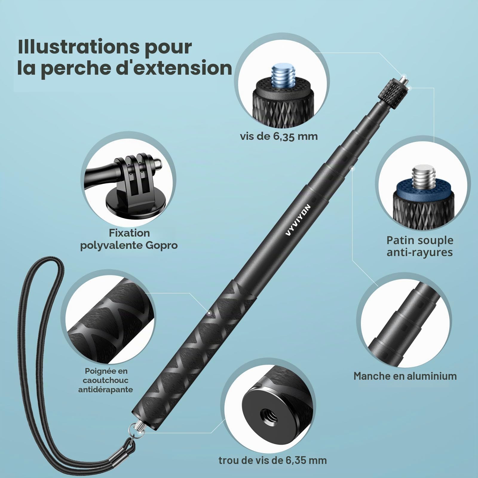 Perche à Selfie Invisible pour GoPro, Perche à Selfie Télescopique Portable 70.8in/1.8m Perche Etanche pour Hero 7/8/9/10/11, DJI Osmo Action 4/3, Insta360 X5
