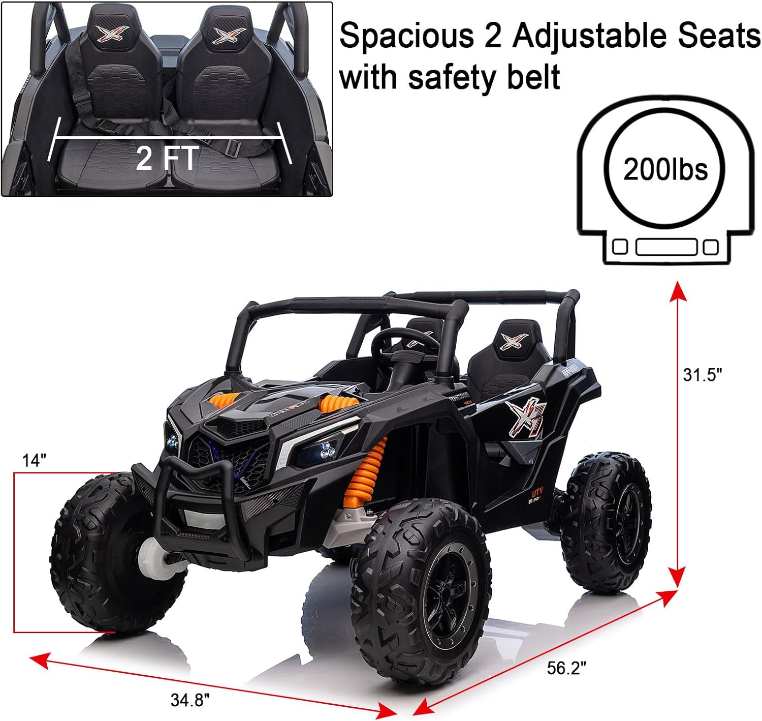 24V 2 Seater Electric Car UTV for Big Kids, 2WD/4WD Ride on Toy w/Remote Control, XXXL Load Capacity 200LBS, 4x100W Powerful Motors, 24'' Spacious Seats, 4 Spring Suspensions, 14'' Tires, Bluetooth