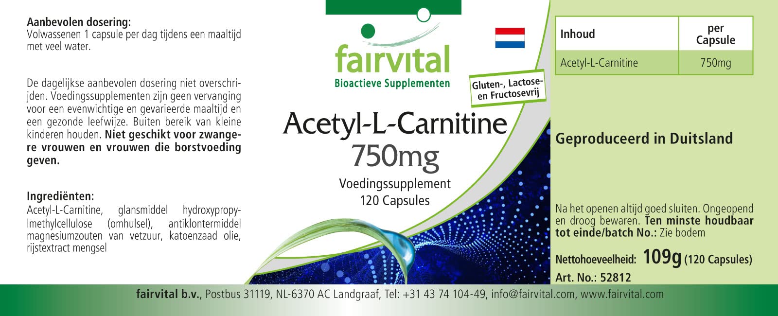 fairvital Acetil-L-carnitina ad alto dosaggio, 750 mg, ALTO DOSAGGIO, VEGANO, 120 capsule