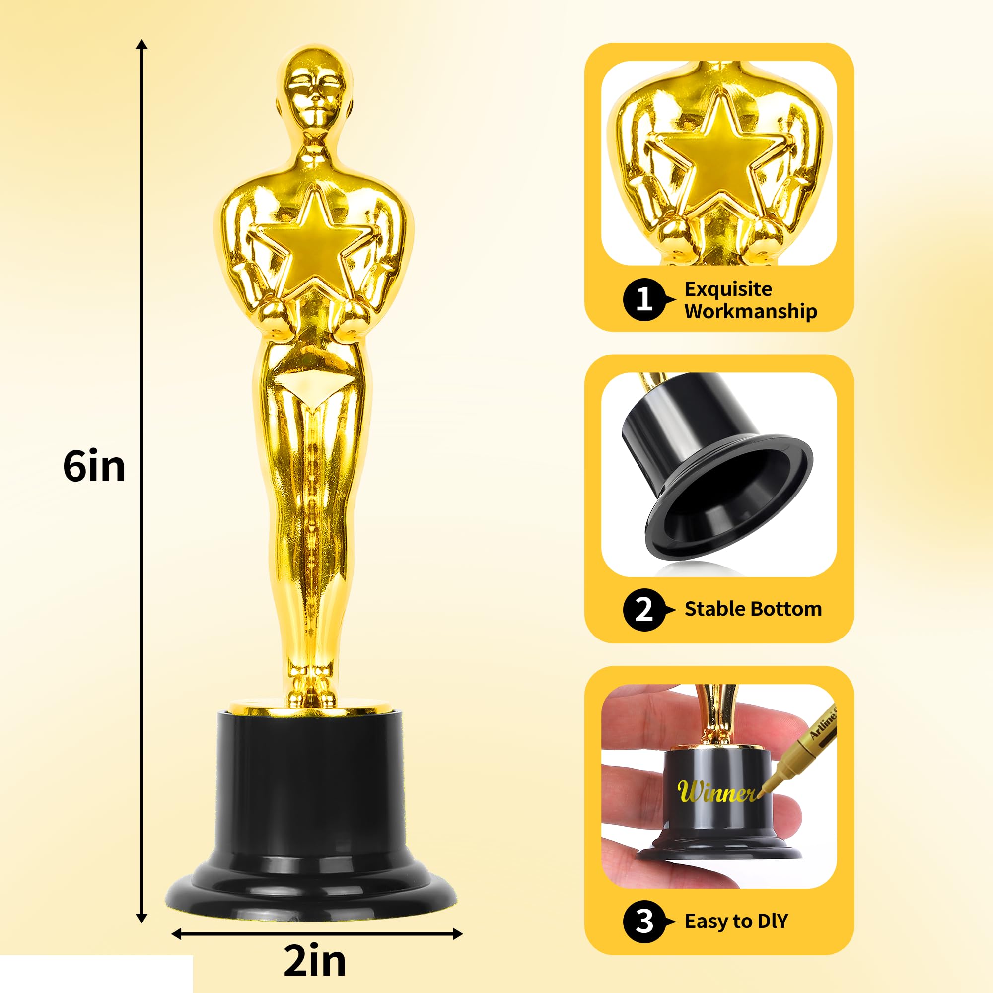 Trofeos Gold Star Award Trofeos, paquete de 12 estatuas doradas de plástico de 6 pulgadas para decoraciones de fiestas, premios de fiesta, premios de juego, recuerdos de fiesta, premios