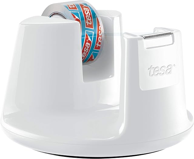 tesa UK Easy Cut Desk Dispenser COMPACT - Modern Tape Dispenser in WHITE Including 1 Roll of Transparent Adhesive Tape, 10 m x 15 mm, (53837-00000-01)