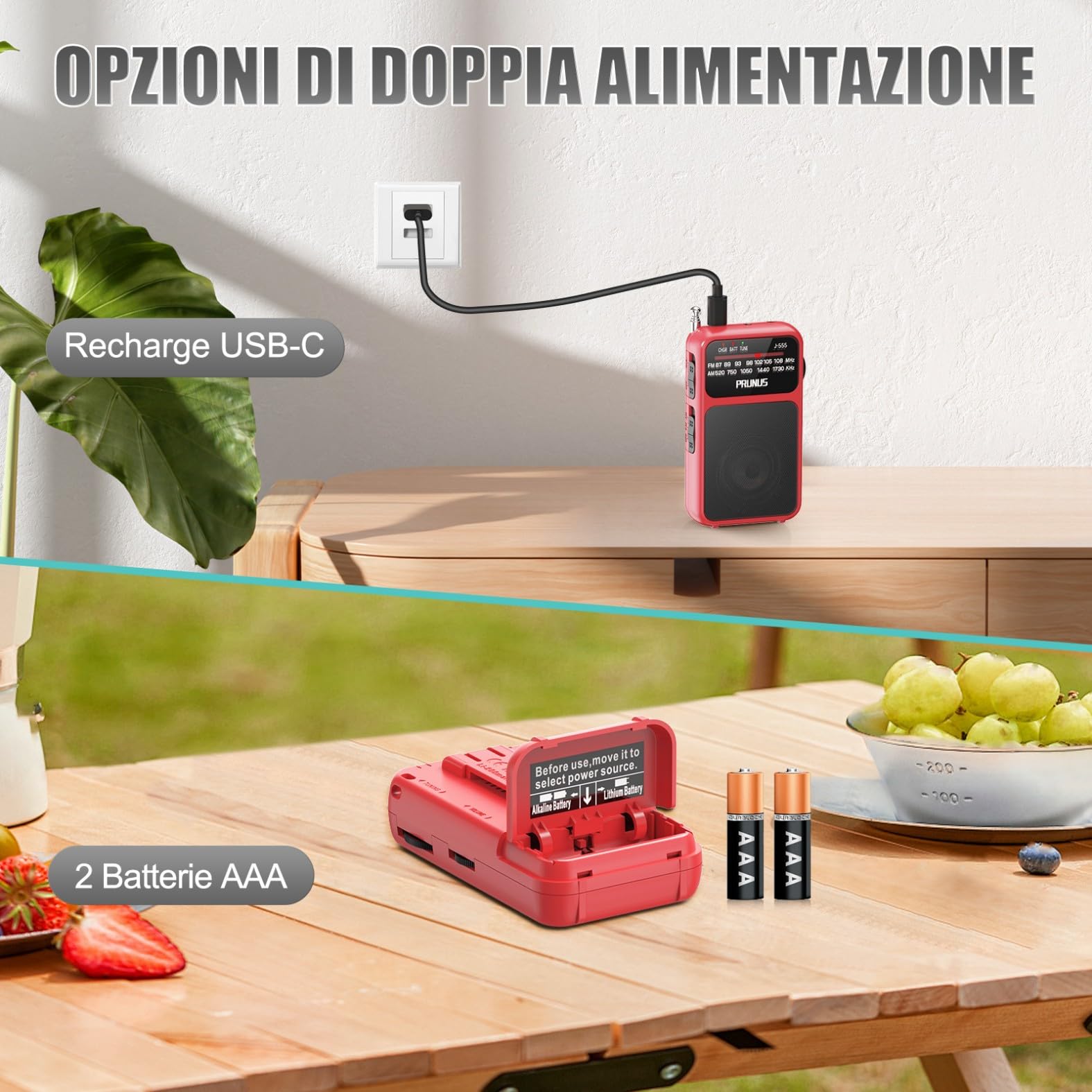 PRUNUS J-555 Radio Portatile Ricaricabile FM/AM con Batterie AAA, Jack, Clip Posteriore Rosso