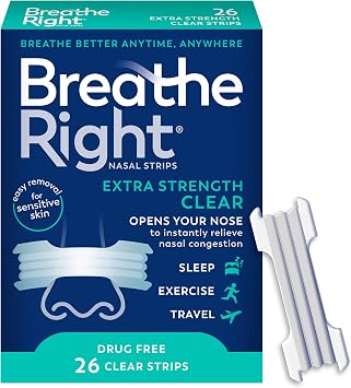 Breathe Right Nasal Strips | Extra Strength | Clear Nasal Strips | For Sensitive Skin | Help Stop Snoring | Drug-Free Snoring Solution & Nasal Congestion Relief Caused by Colds & Allergies | 26 Count