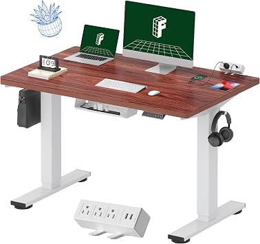 FLEXISPOT EN2 48x30 Whole-Piece Standing Desk with Power Strip, Mahogany